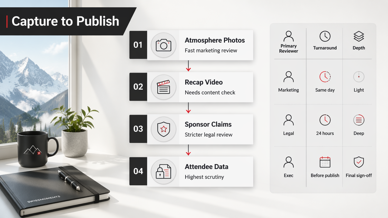 Tiered diagram of event content moving from capture to publishing by risk level