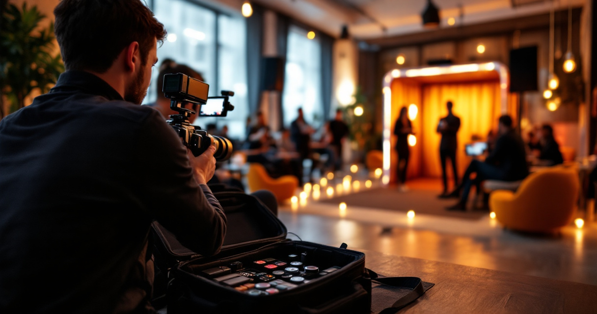 Compact corporate event video setup near AI photobooth for faster on-site storytelling