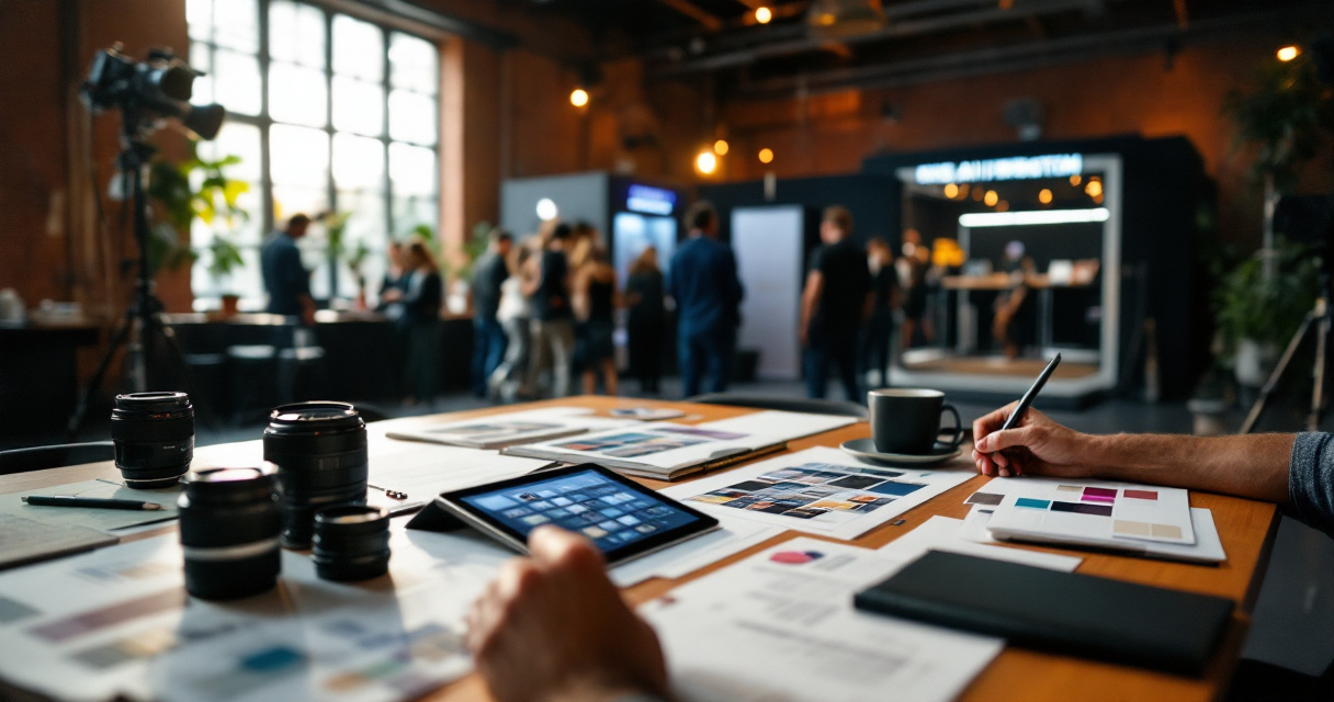 Marketing team planning event media goals beside an AI photo booth before setup