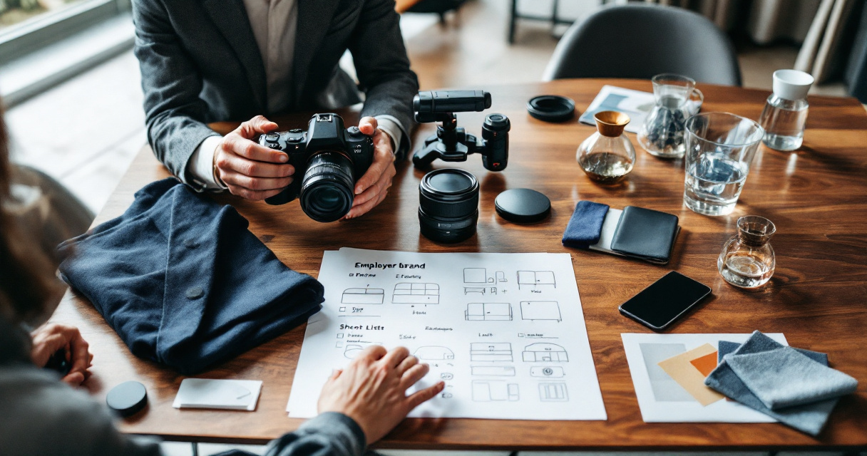 Pre-event planning setup with camera gear and employer branding strategy materials