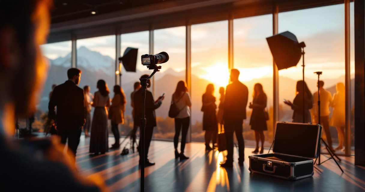 Professional photographer documenting corporate event with AI photo booth setup in Swiss venue