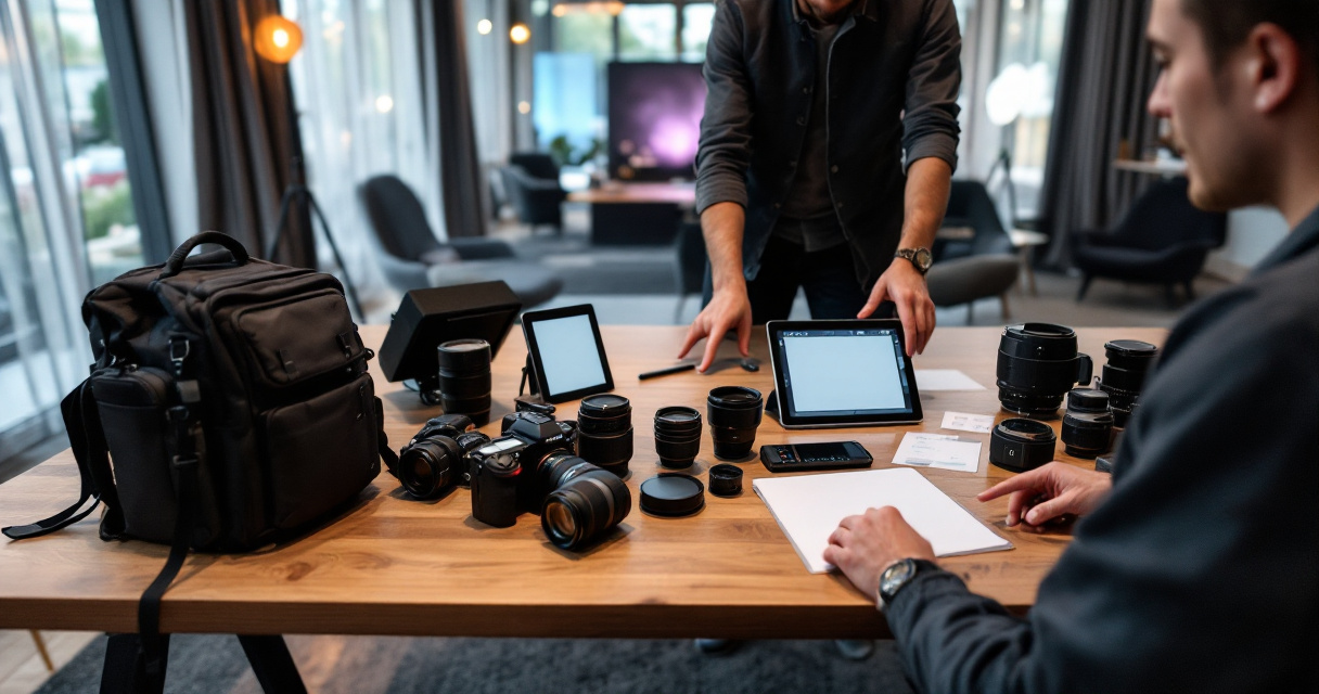 Event planners reviewing photography and video equipment before selecting a Swiss event media agency