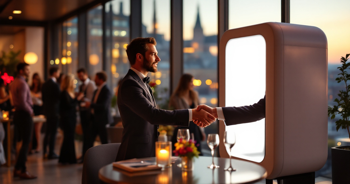 Event photographer capturing handshake moment at upscale Zurich corporate networking event
