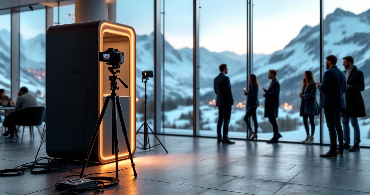 Conference photography setup with AI photobooth and alpine view at Swiss corporate event venue