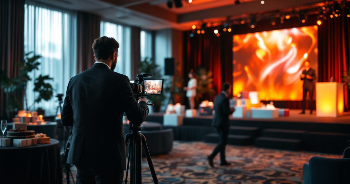 Corporate event media agency coordinating polished photo and video assets beside a conference stage