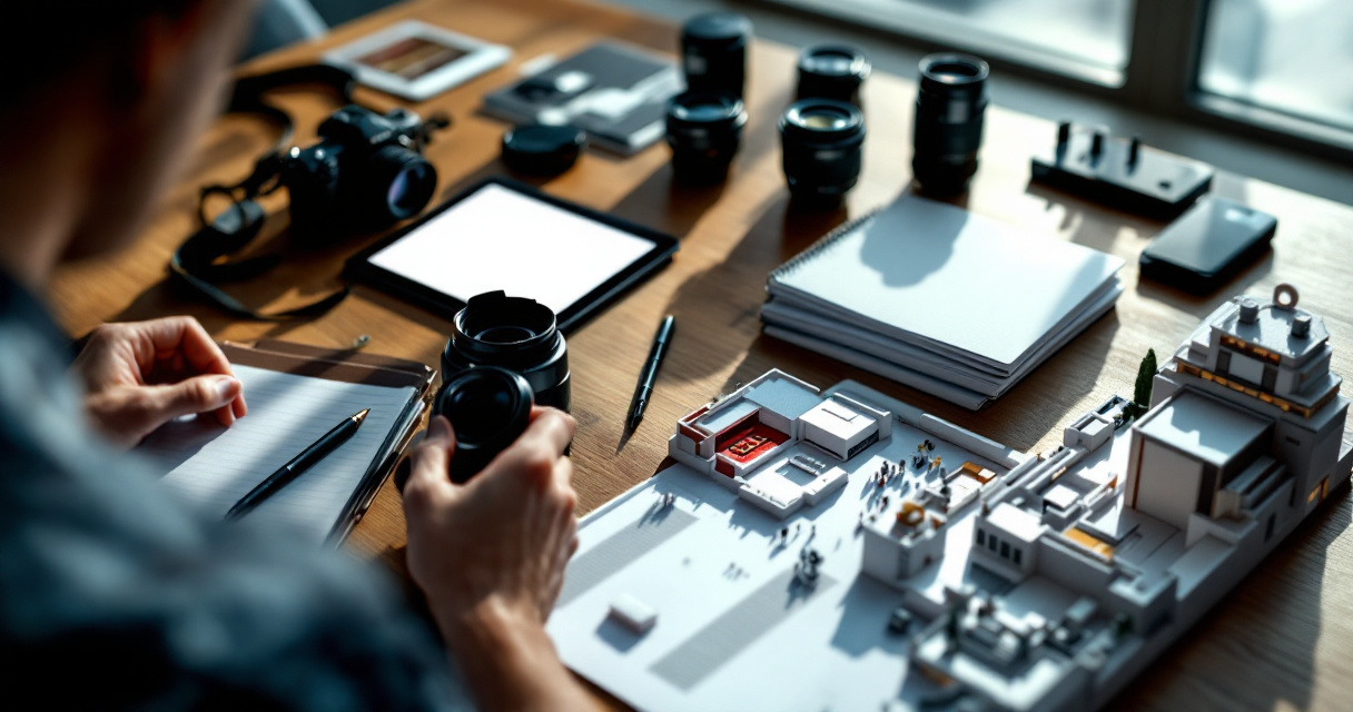 Event planner organizing camera gear and visual references for a corporate event photography shot list