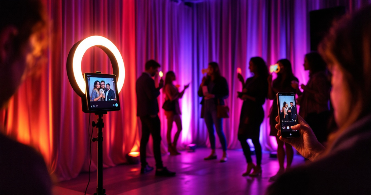 Guests interacting with an AI photobooth creating shareable event photos at a corporate gathering