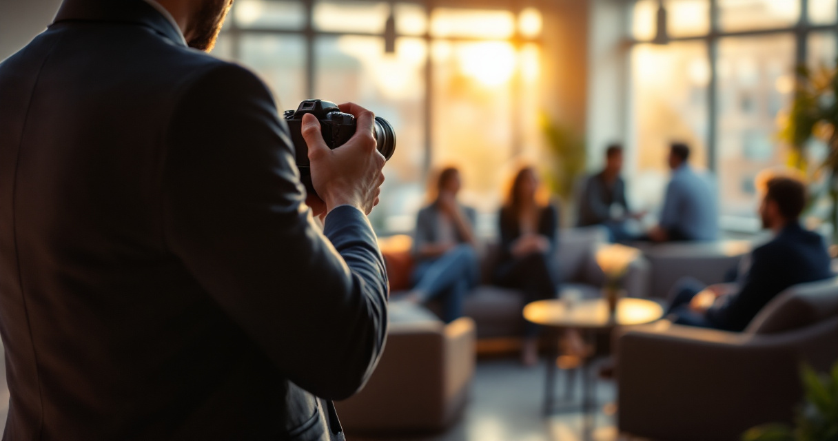 Respectful candid photography at an internal company event with privacy-conscious composition