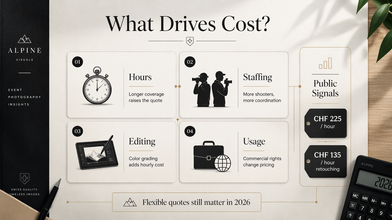Infographic showing the main drivers of Swiss event photography costs and public price signals.