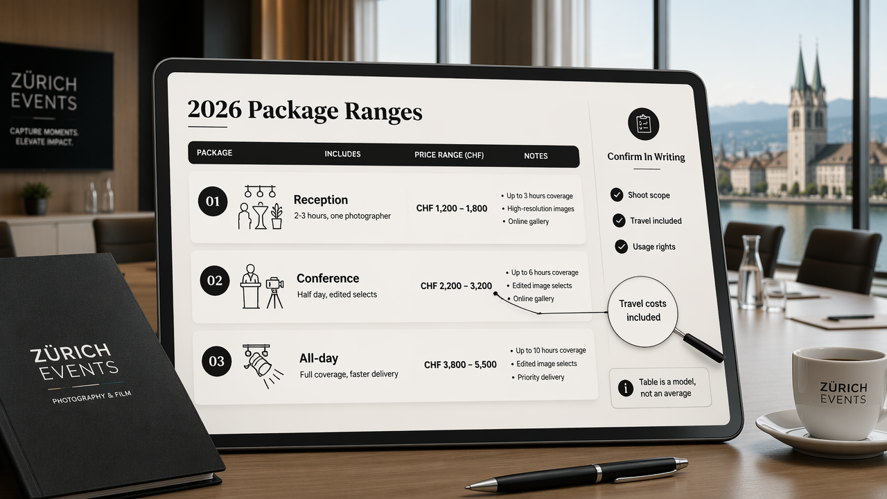 Corporate event package range worksheet with planning bands, inclusions, and written scope reminders.