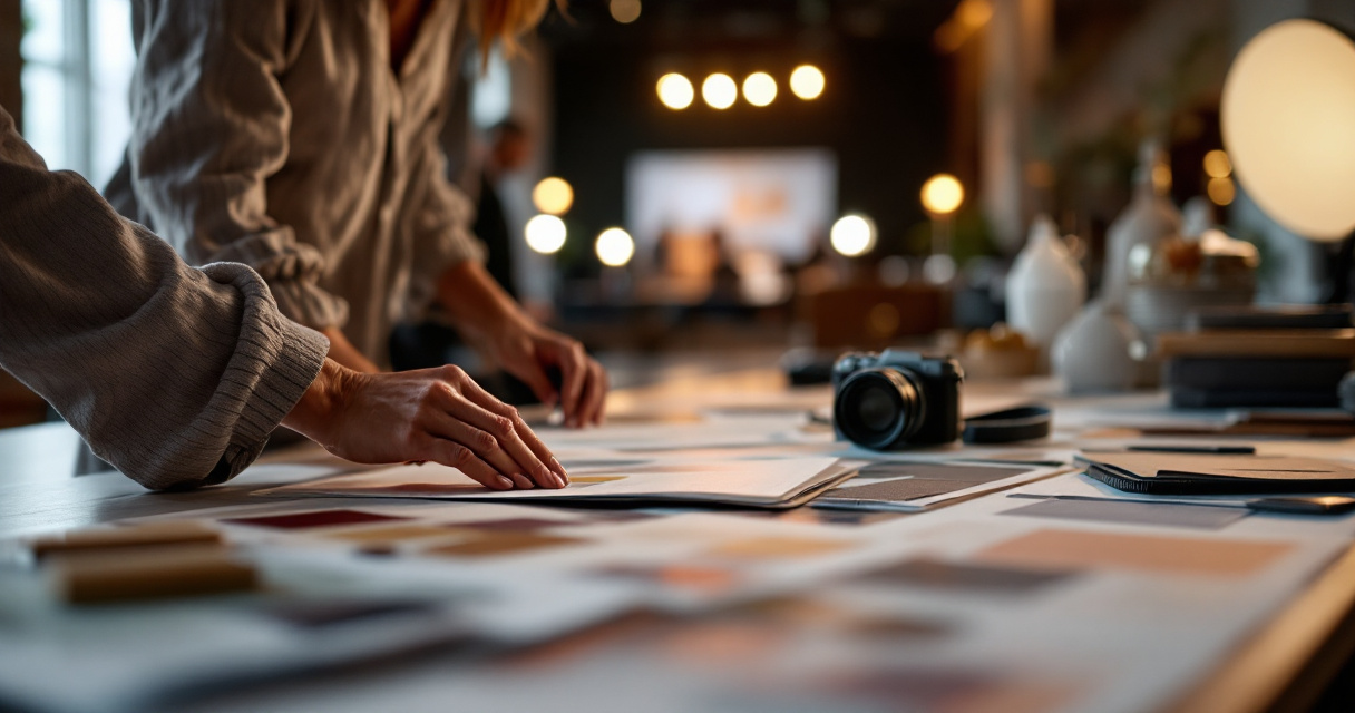 Brand team planning event photography style with mood boards before venue opens