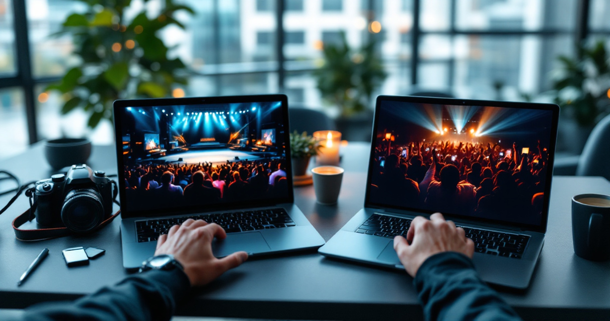Side-by-side corporate event video editing setup showing recap and highlight approaches