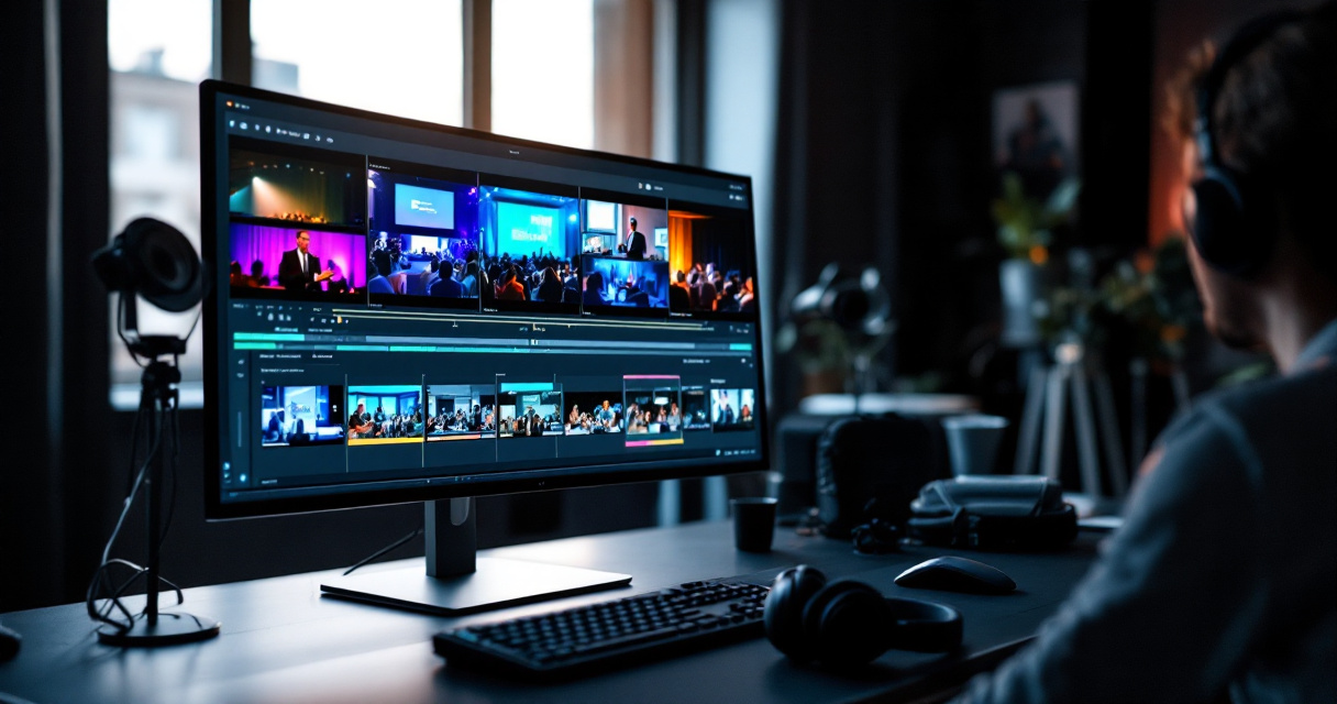 Editor organizing modular conference footage into reusable clips at a dark workstation