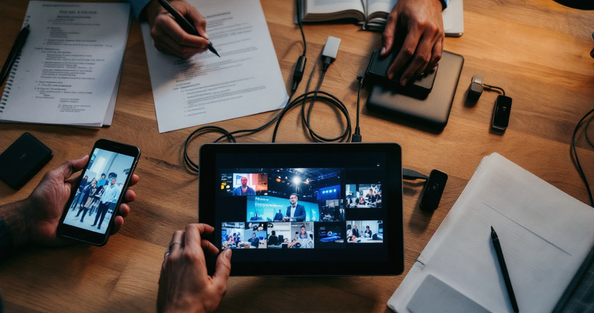 Same event footage repackaged across phone tablet and laptop for multiple channels
