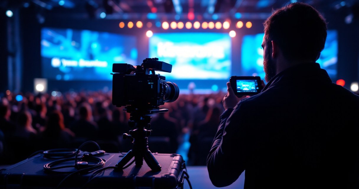 Videographer filming keynote presentation at corporate conference with professional camera and stage lighting