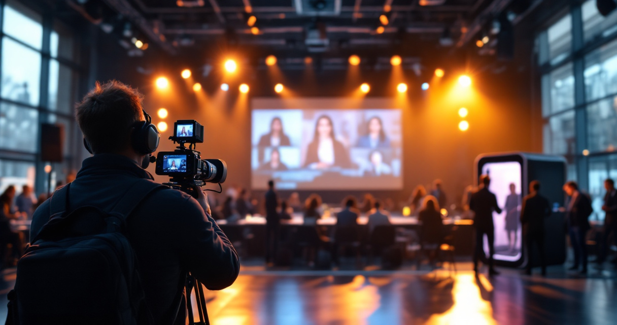 Swiss conference production blending live filming, hybrid streaming, and AI photo booth interaction