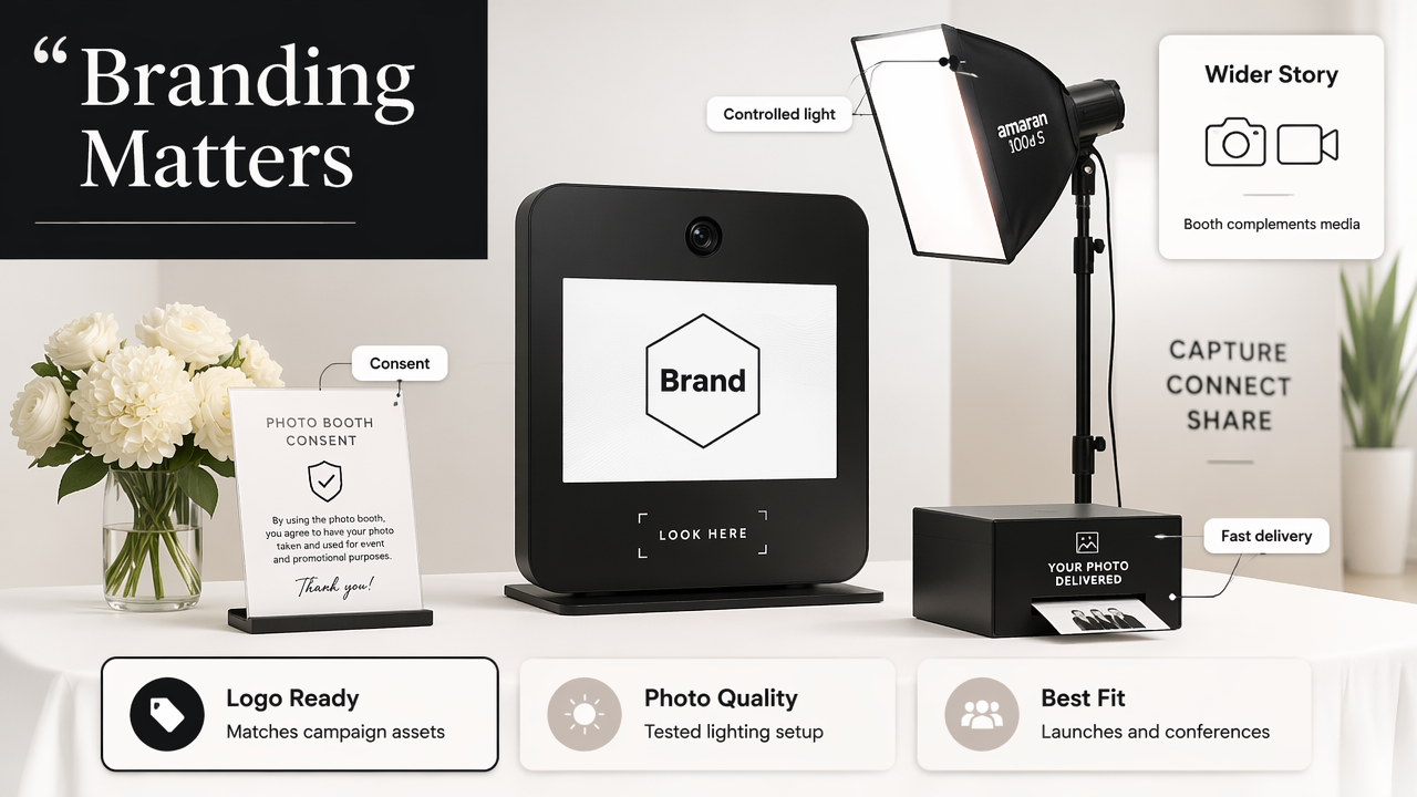 Annotated corporate photo booth diagram showing branding, lighting, consent, and delivery.