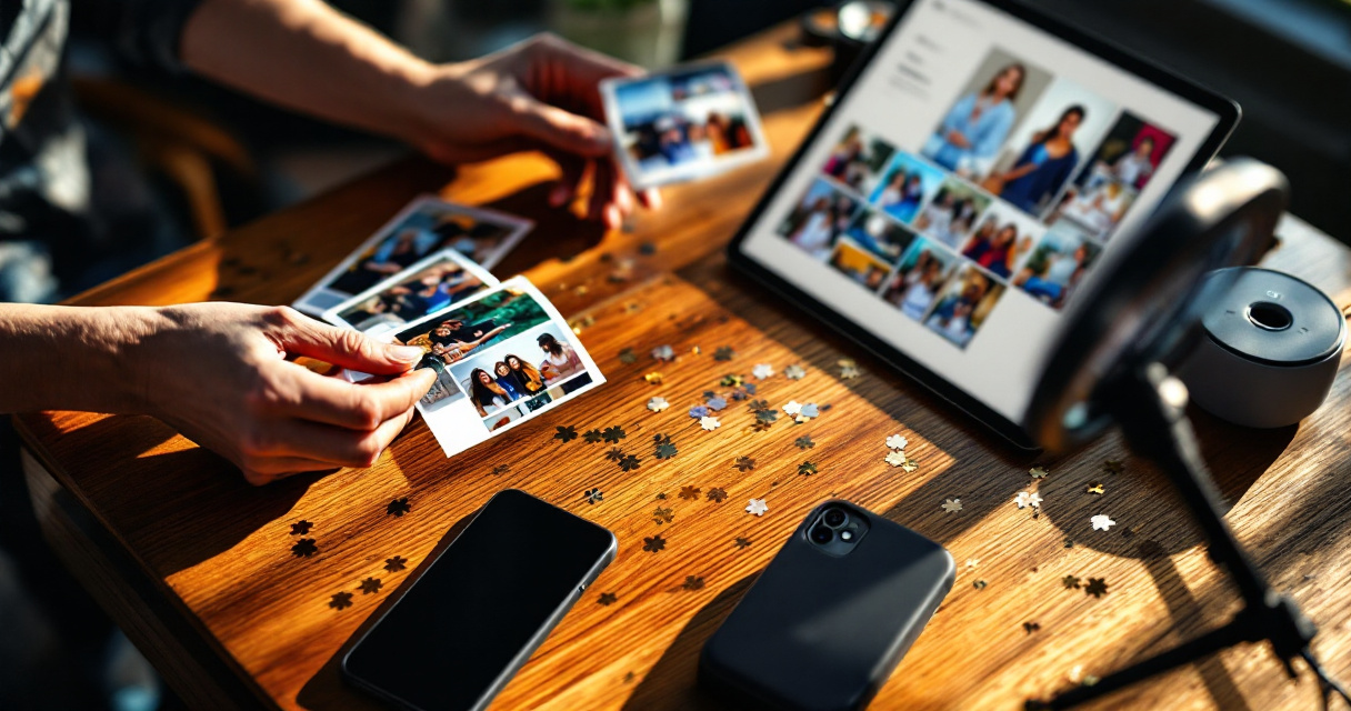Marketer organizing AI photobooth event photos on tablet and prints for social media content