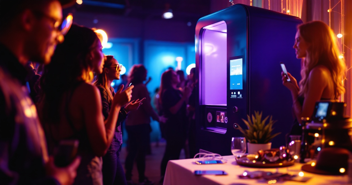 Interactive AI photobooth with props and ring light engaging guests at corporate event