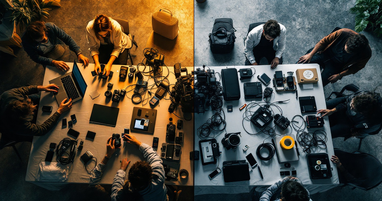Corporate event video team showing smooth workflow in foreground and stalled production in background