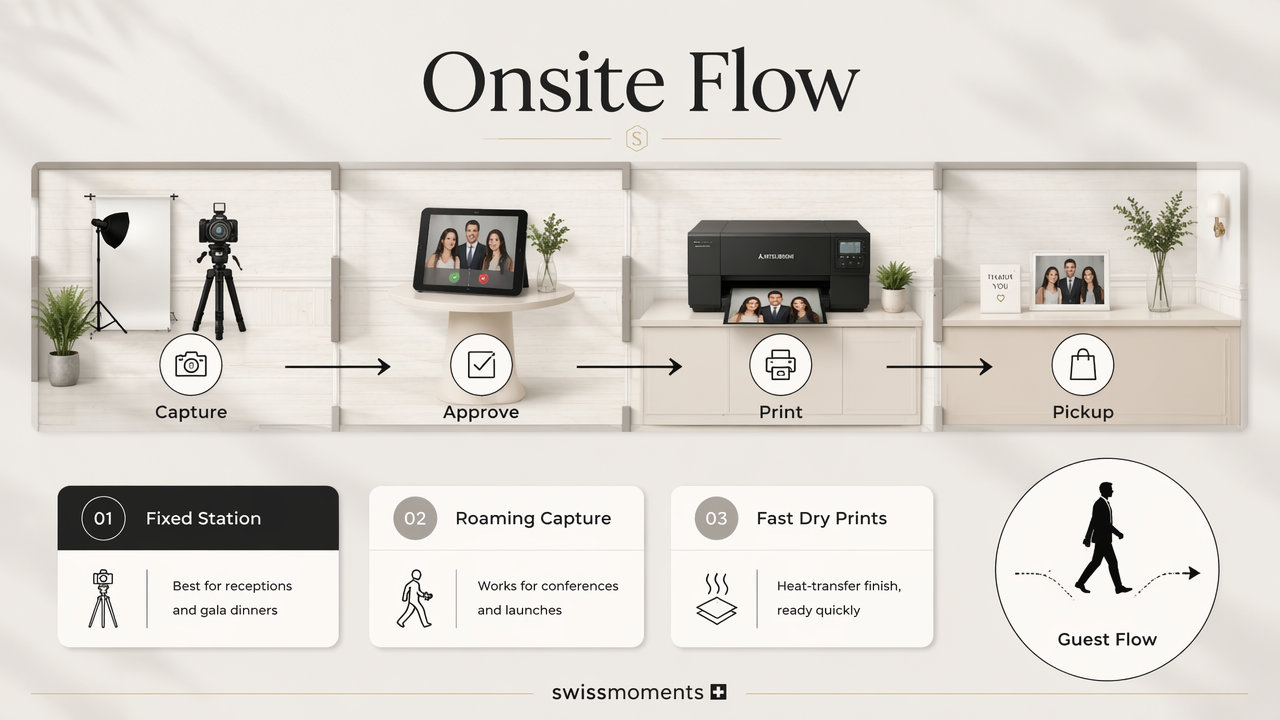 Annotated infographic of onsite event printing flow for receptions, conferences, and fast pickup.