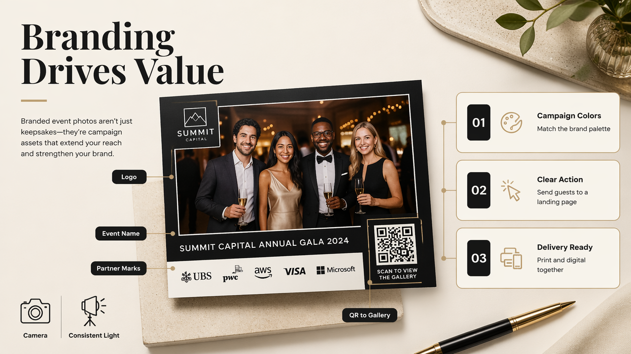 Branded event photo print infographic with logo, campaign colors, QR code, and delivery steps.