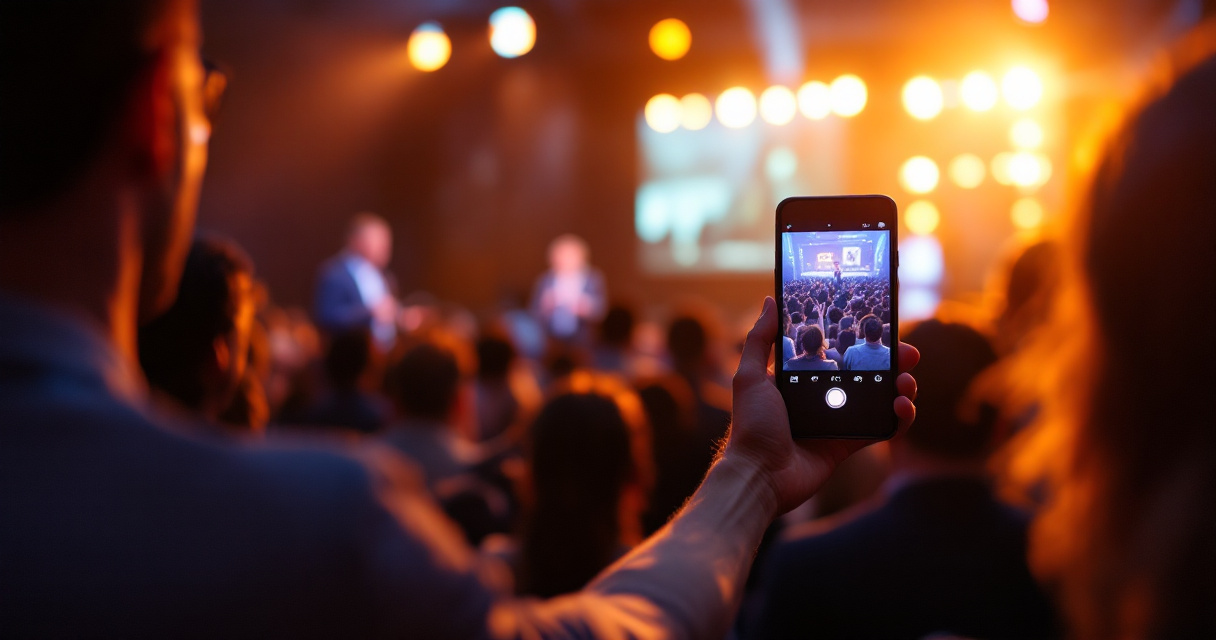 Conference keynote audience actively participating with raised hands and an AI photo activation near the stage