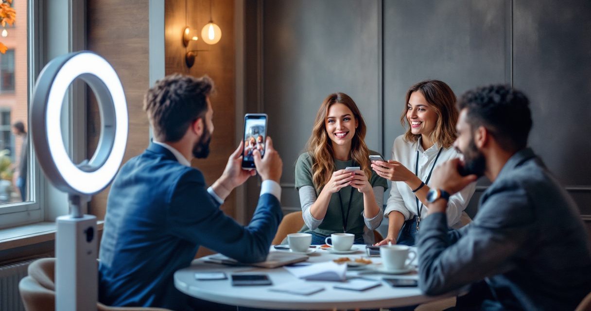 Conference networking lounge with attendees using a shareable AI photo activation during casual conversations