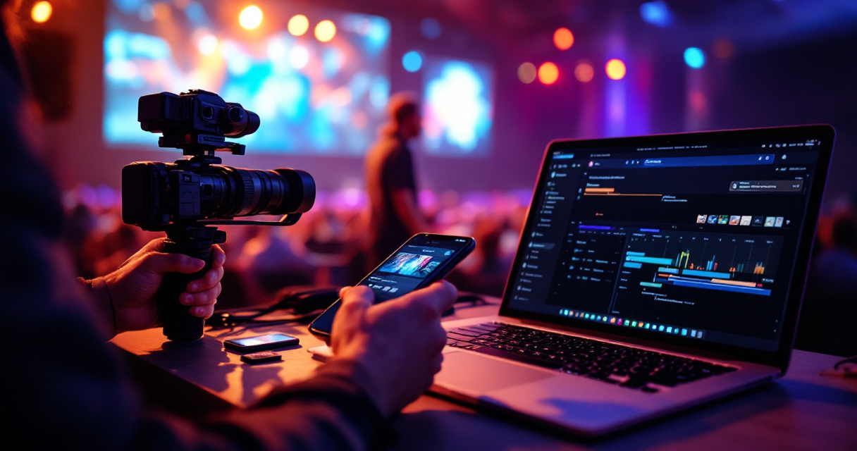Over-the-shoulder live event media desk coordinating capture, editing, and social posting in real time
