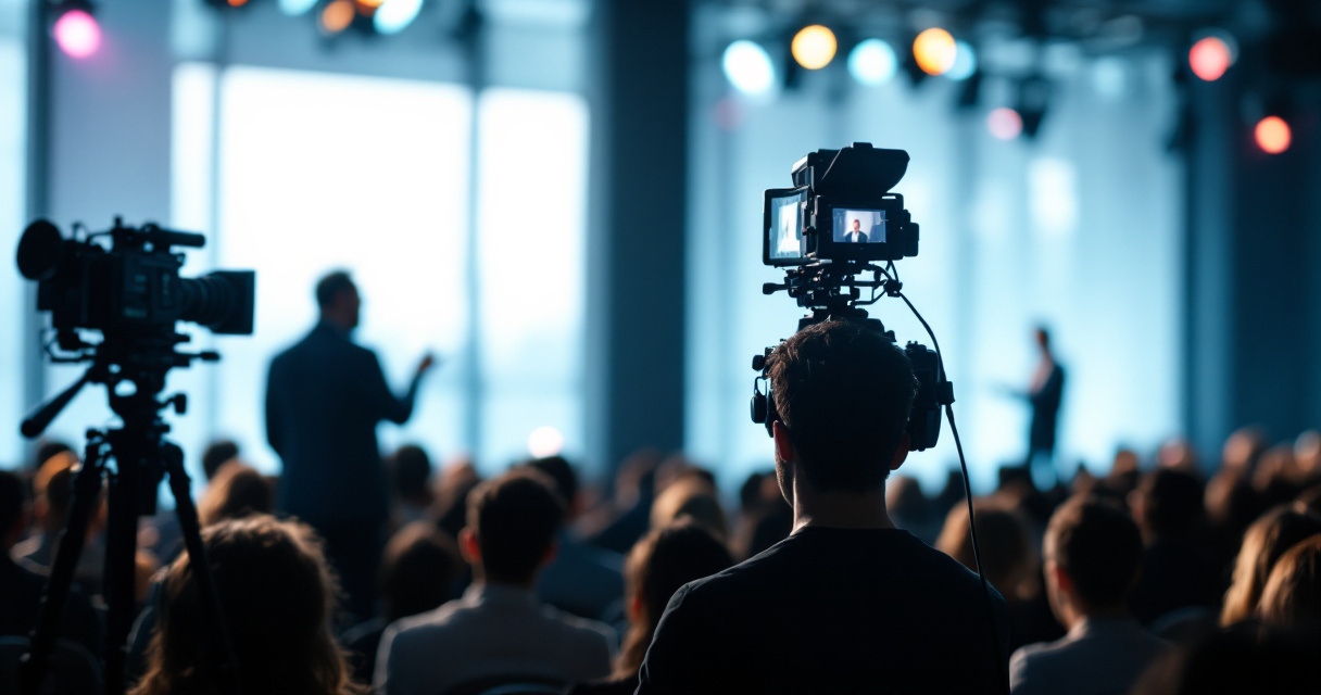 Multiple cameras filming a corporate keynote from different positions in a modern event venue