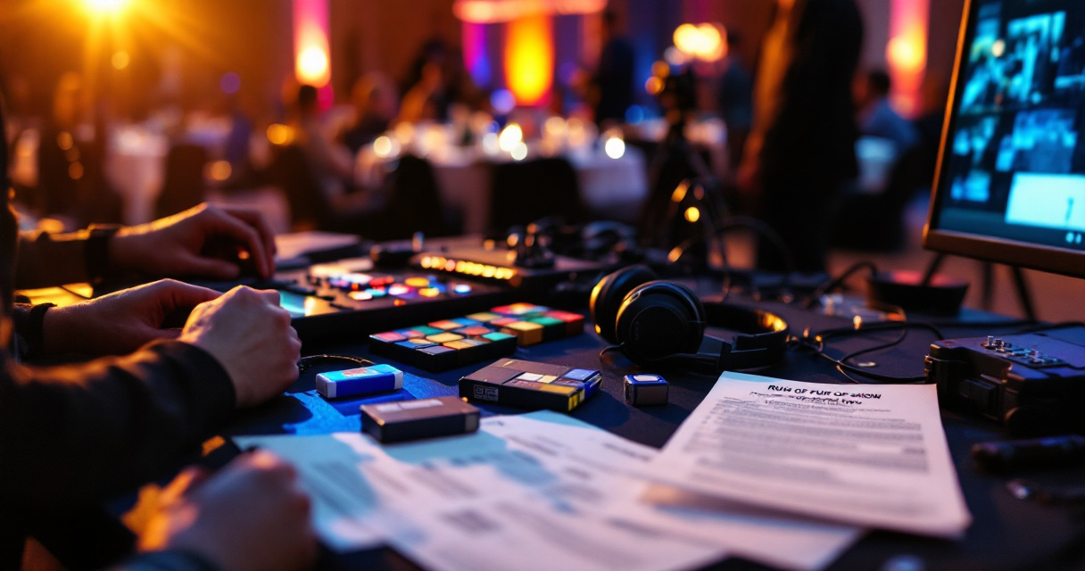 Behind-the-scenes multicam workflow setup with organized gear for efficient corporate event video production