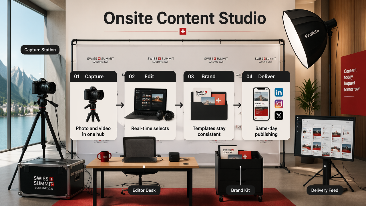 Onsite event content studio diagram showing capture, editing, branding, and same-day delivery.