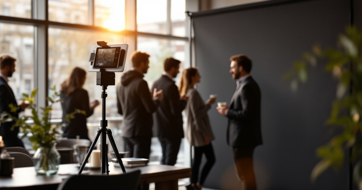 Modern corporate photo booth setup inside a Swiss conference venue