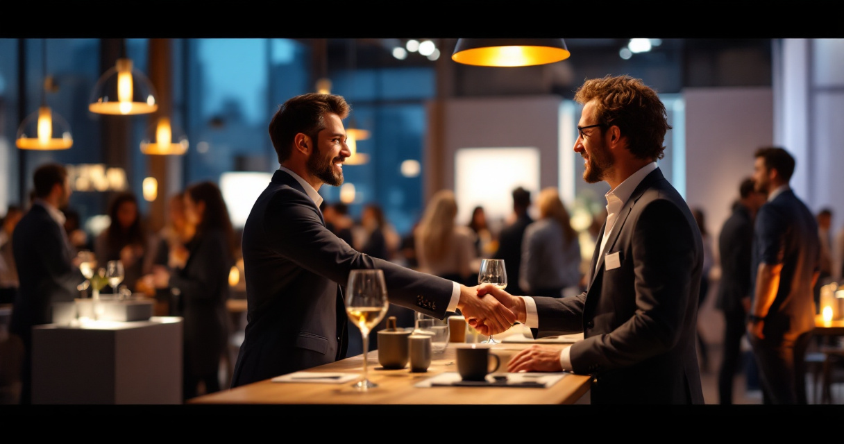 Over-the-shoulder view of photographer capturing handshake moment at stylish corporate networking event