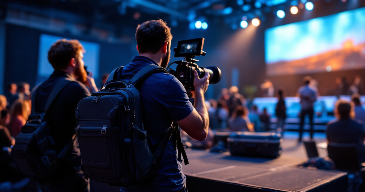 Photographer and videographer capturing the same corporate event moment from different angles