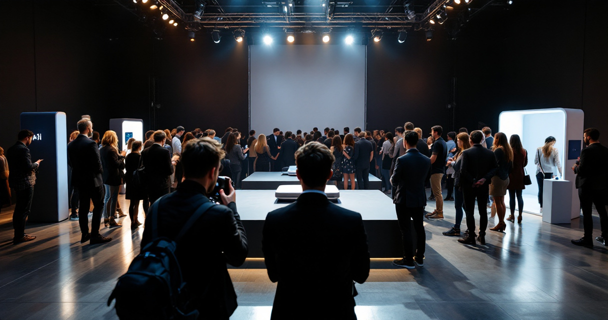 Over‑the‑shoulder view of photographer capturing product launch crowd and AI photobooth activation