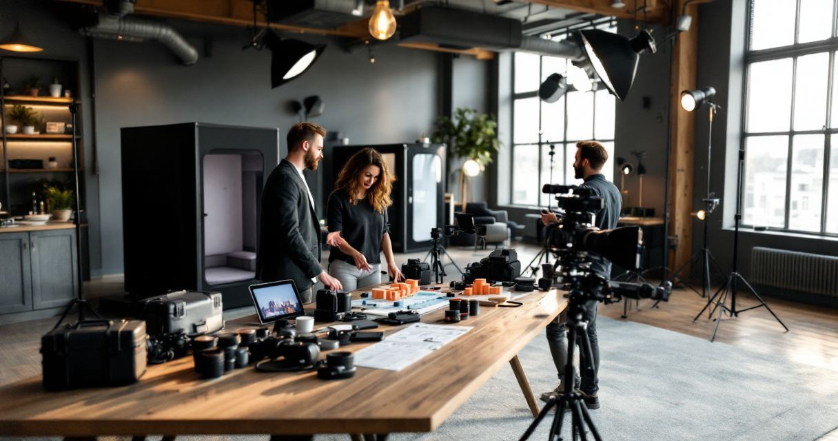 Event photography team planning camera angles and AI photobooth setup before product launch