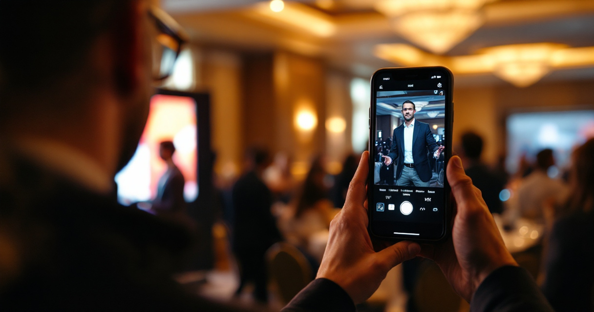Staff member using a phone for event photos beside an AI photobooth at a corporate gathering