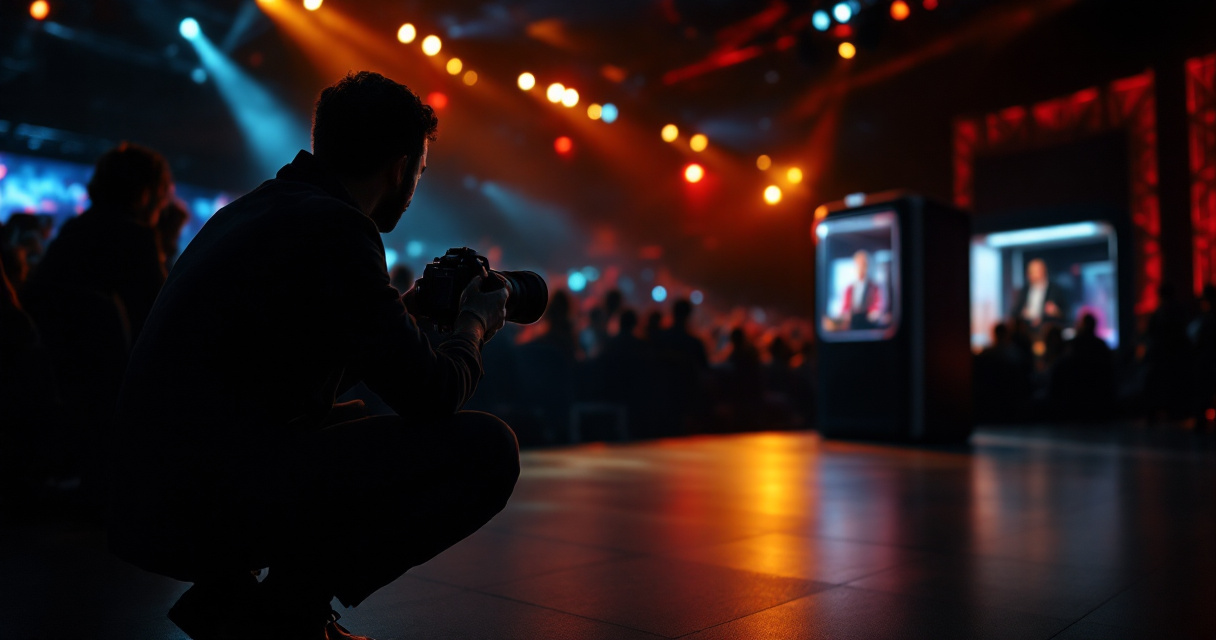 Professional event photographer capturing a keynote while an AI photobooth sits nearby