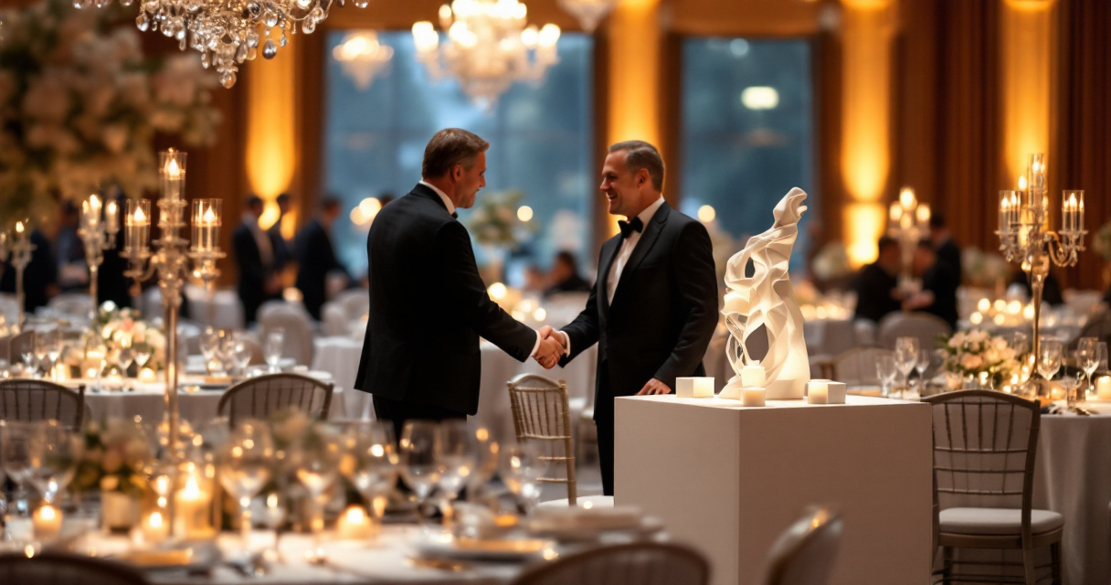 Elegant gala dinner scene showing donor interaction, sponsor presence, and premium event atmosphere