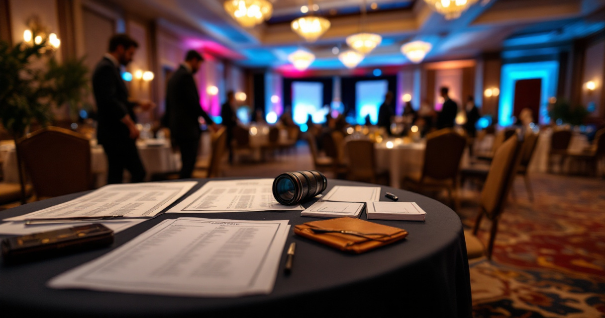 Photographer planning angles and timing in a formal ballroom before gala dinner begins