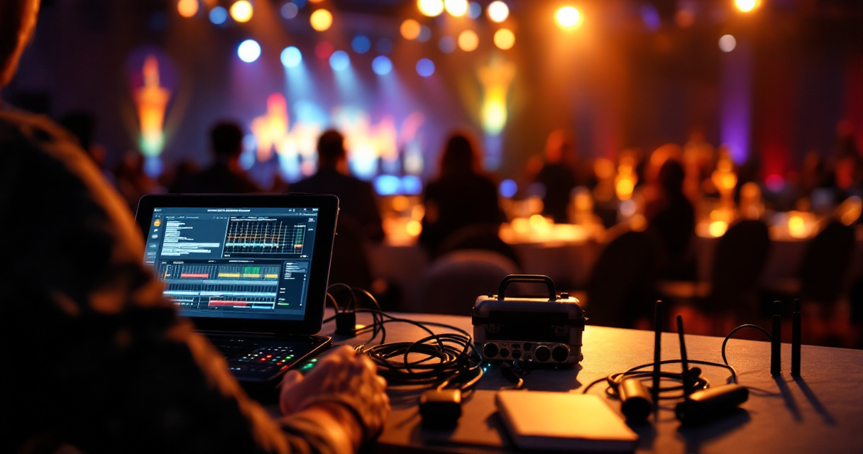 Backstage videography planning setup for a corporate award ceremony in a ballroom