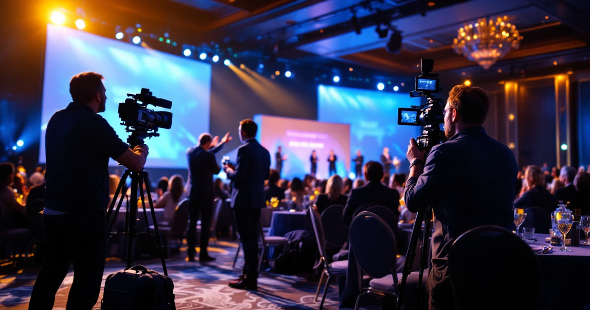 Multi-camera filming setup capturing stage, audience reactions, and sponsor moments at an awards gala