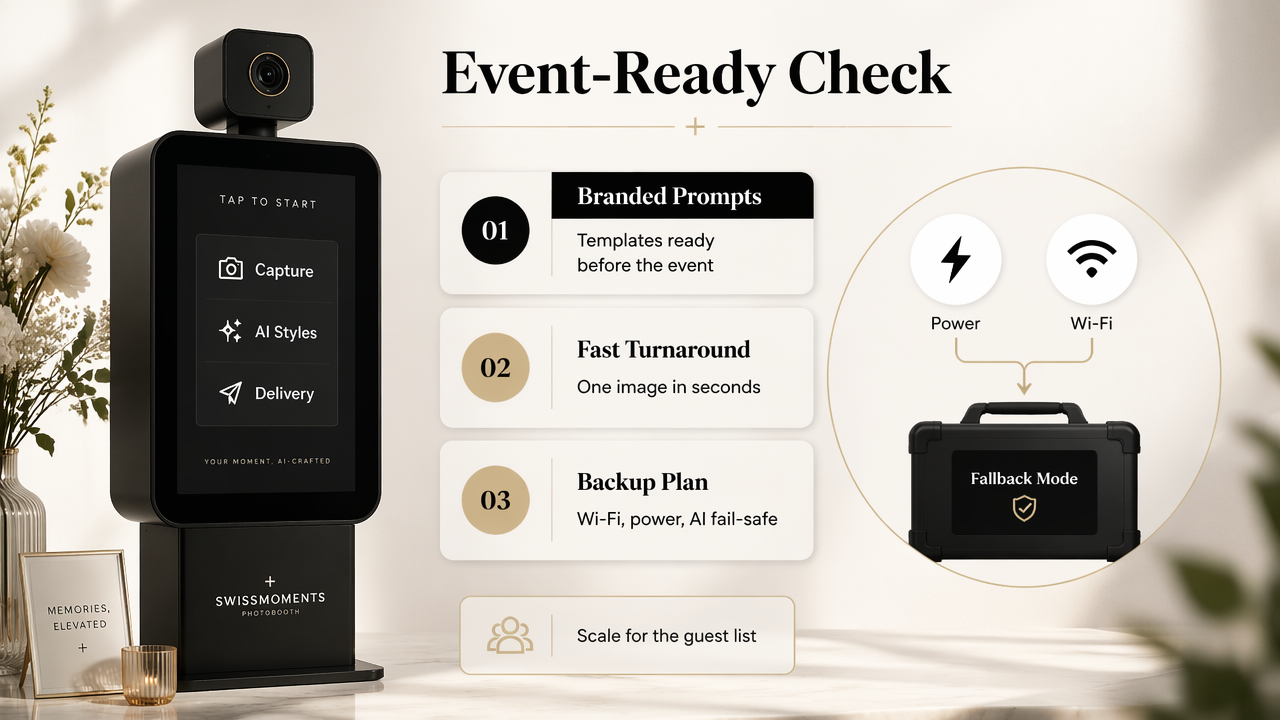 Annotated AI photobooth checklist showing speed, branding, and backup readiness.