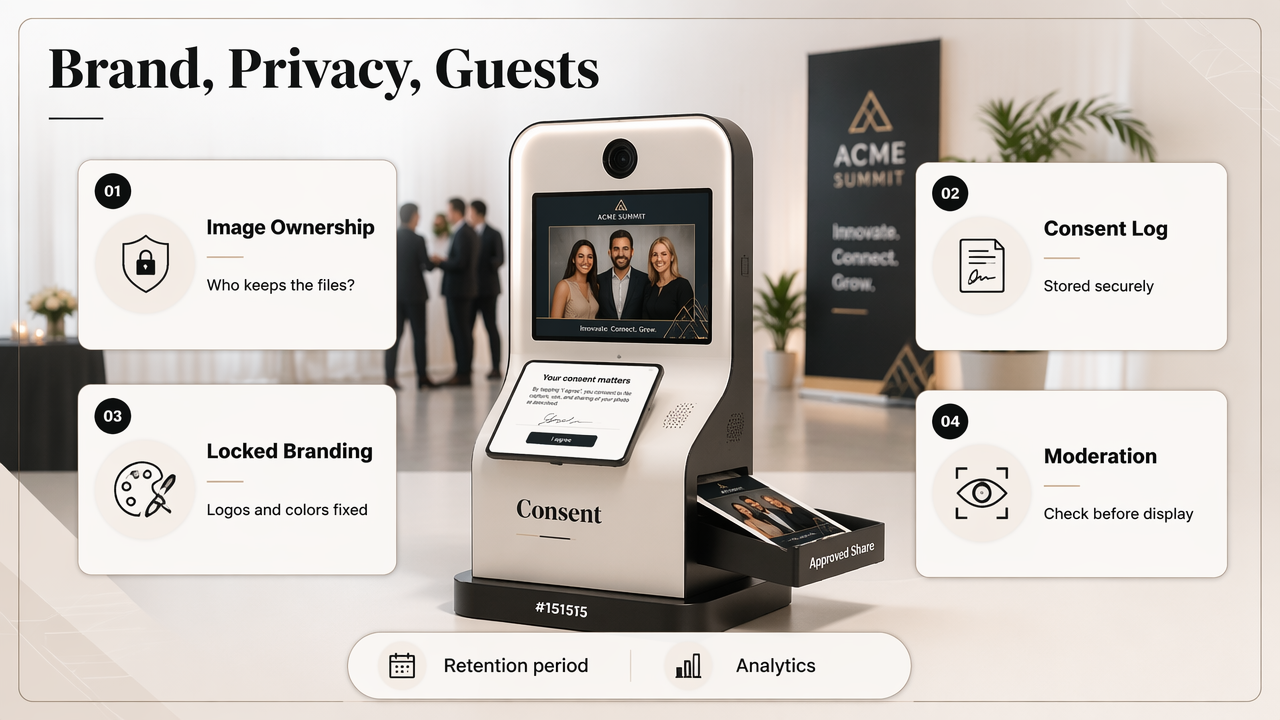 Corporate AI photobooth diagram covering consent, branding control, moderation, and retention.