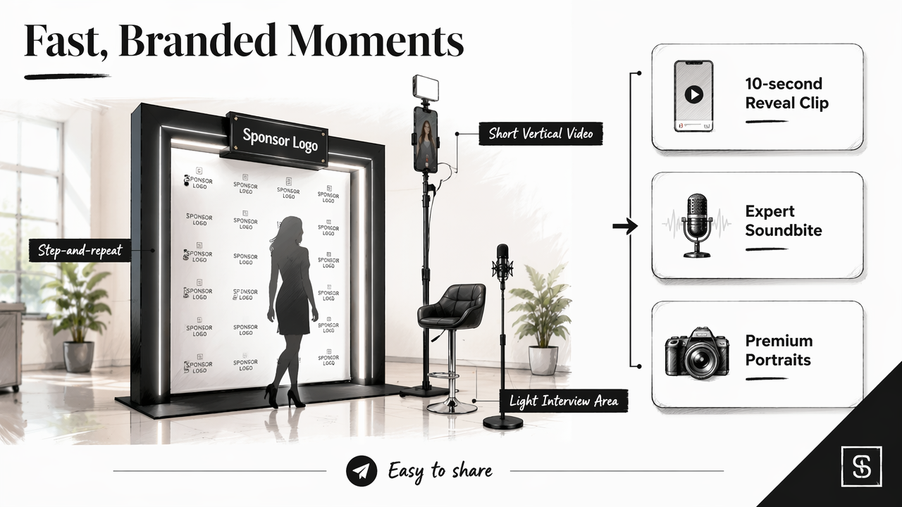 Annotated event content station showing photo, vertical video, and interview setups with shareable outputs.
