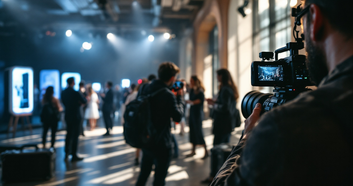 Photographer and videographer documenting layered brand moments around an AI photobooth at a corporate event