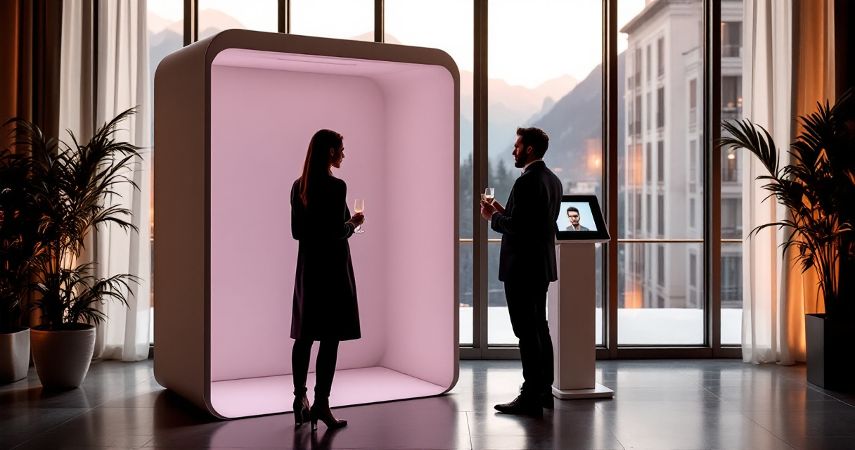 Sleek AI photobooth setup at a premium corporate event with stylized portrait preview