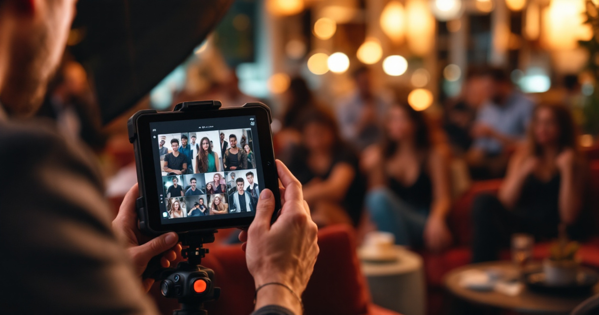 Event specialist managing AI photobooth workflow with camera, tablet, and waiting guests