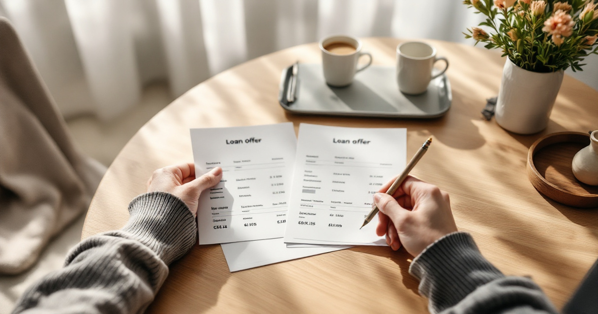 Hands comparing blank loan offers on a Finnish kitchen table before choosing safely